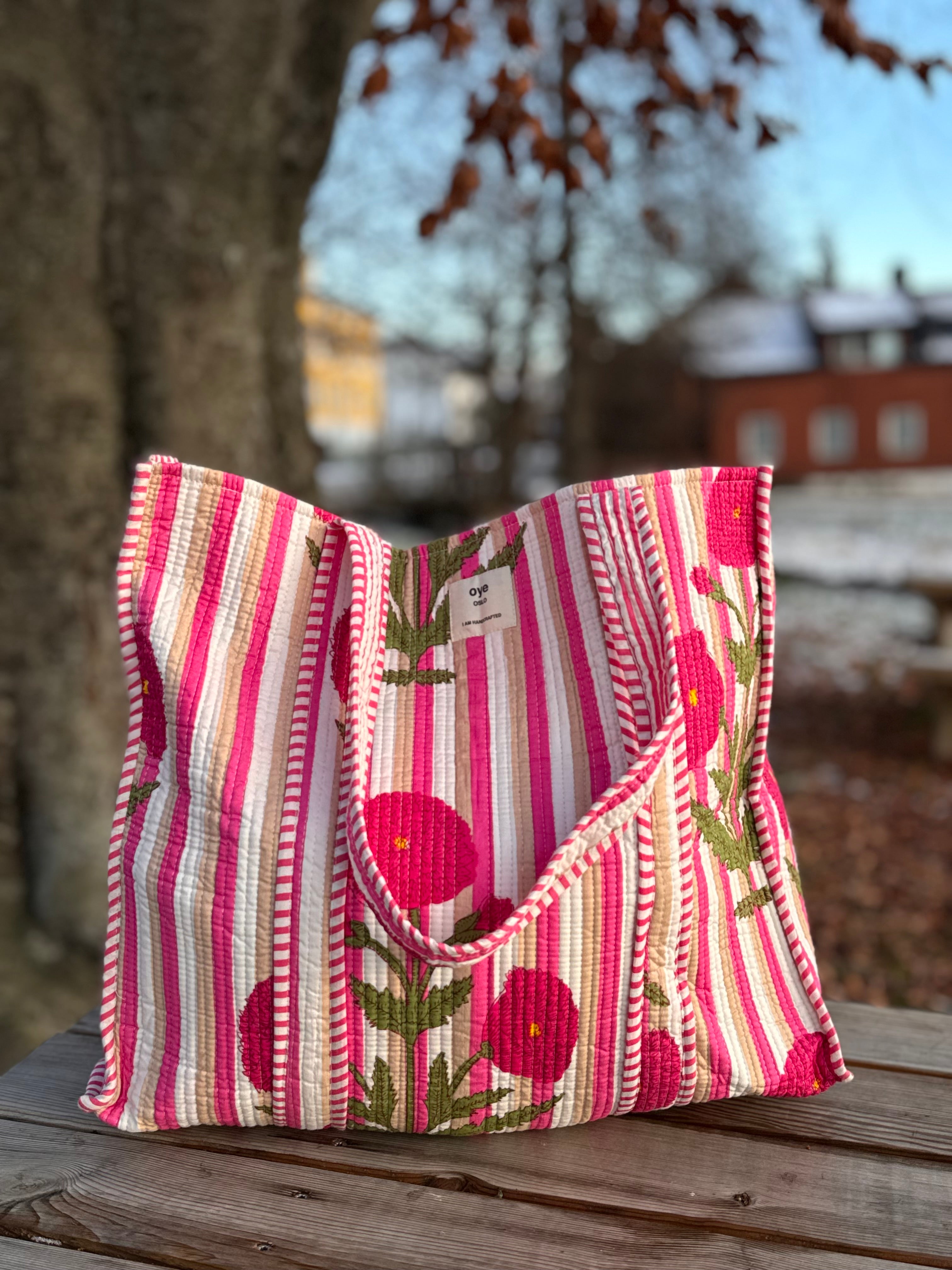 Tote bomullsveske - rosa stripet valmuer