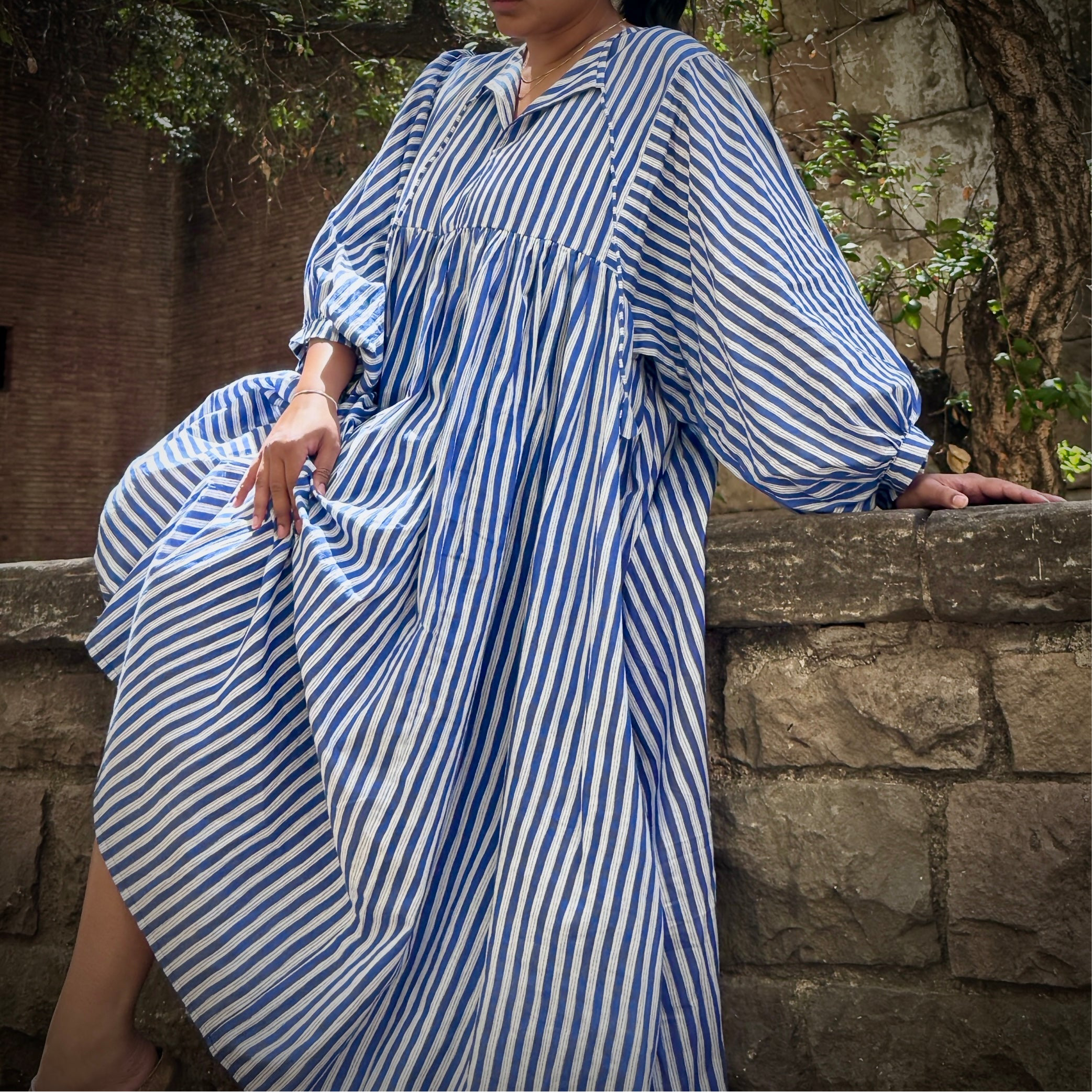 Aria midi dress - navy & white striped