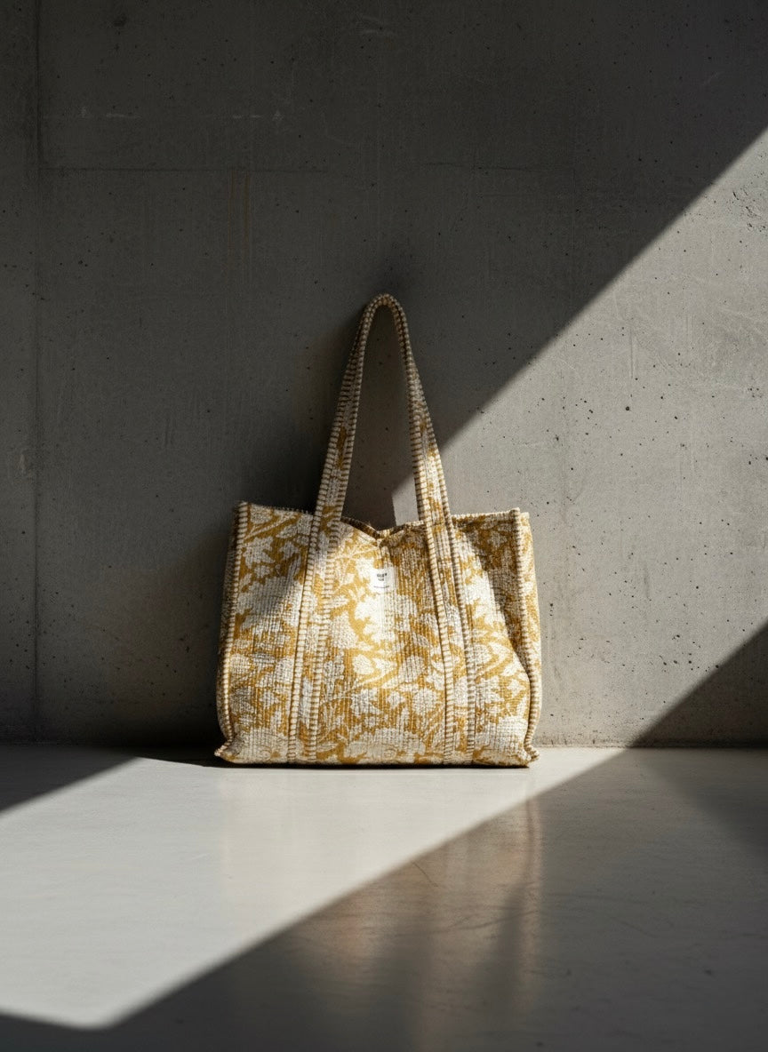 Tote bomullsveske - mustard blomstret
