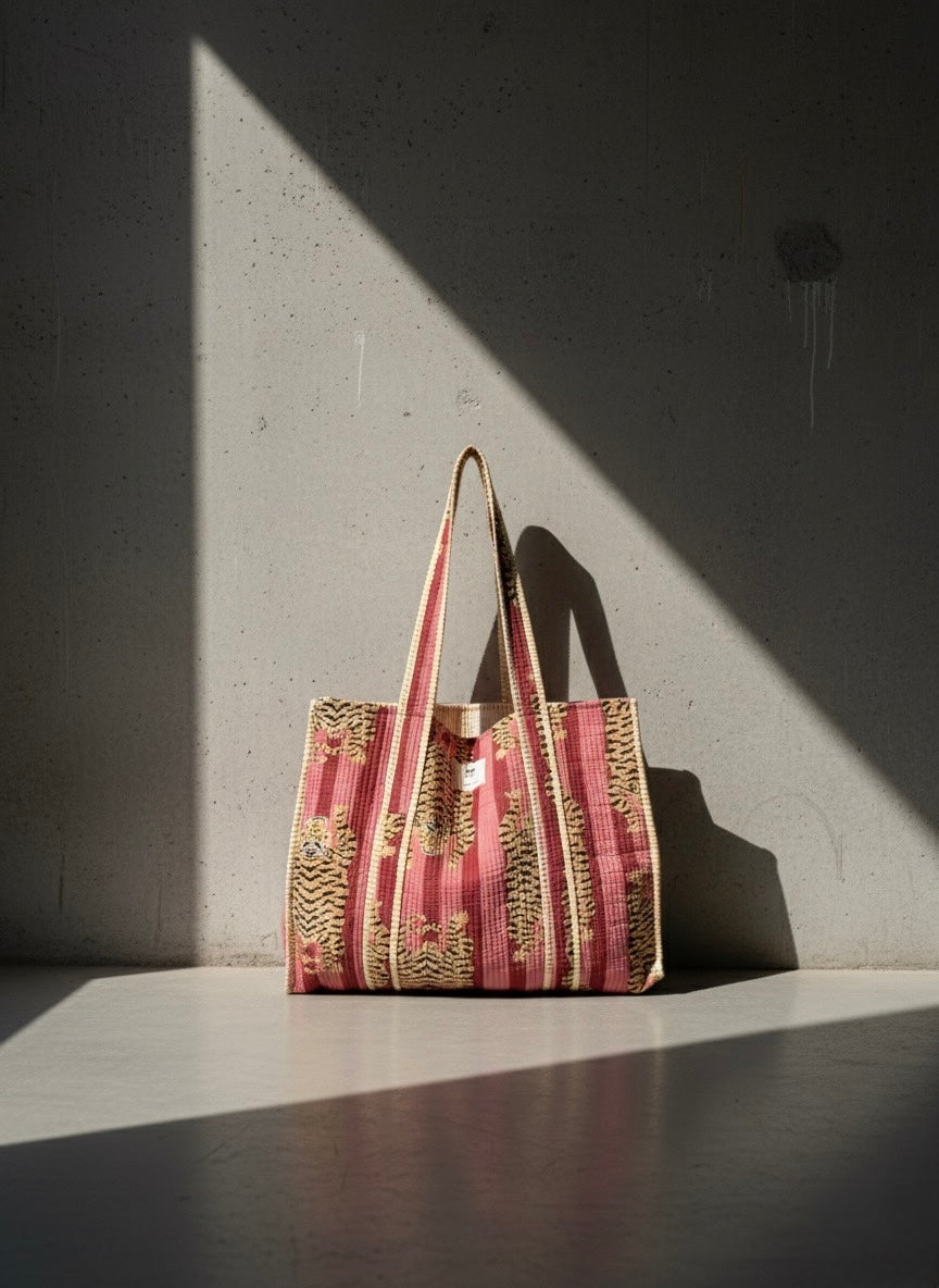 Tote bomullsveske - mørk rosa tiger